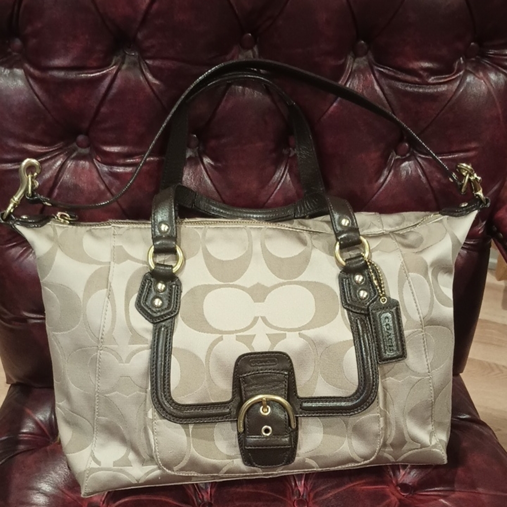Coach Campbell Beige and Brown Signature Shoulder Bag